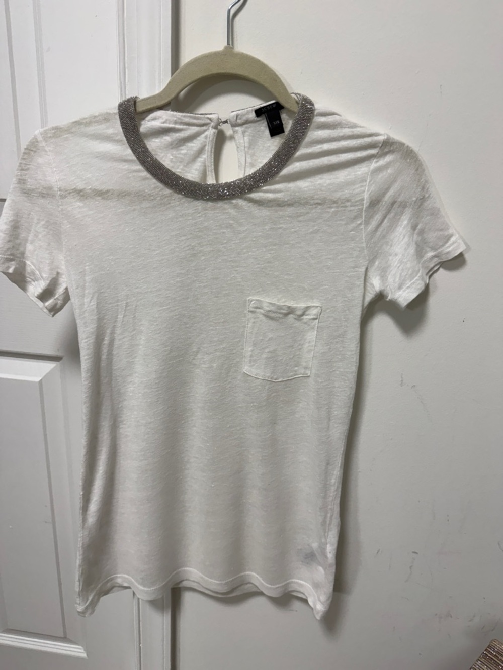 J. Crew White Short Sleeve Tee with Sparkle Silver Neckline
